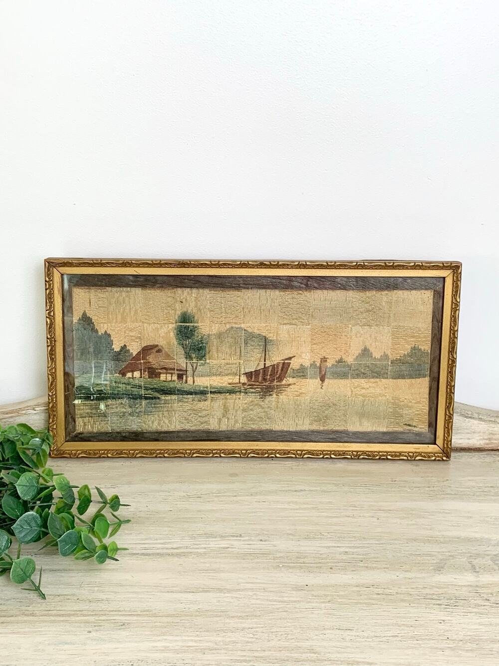 Antique Chinese Silk Landscape Panel Framed River Boat Scene Chinoiserie Art